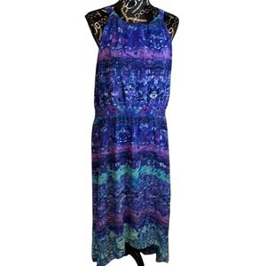 Chicos Blue Purple Abstract Print Halter Neck Maxi Dress Size 2.5 XL Sleeveless